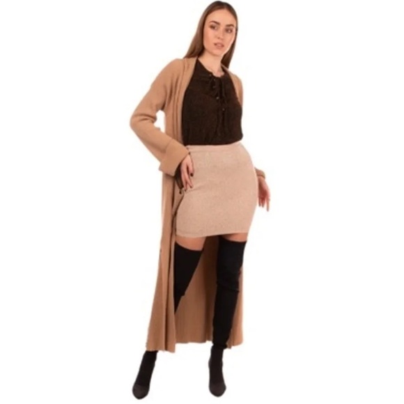 NEW PINKO Knitted Bodycon Cashmere Angora & Wool Blend Tan Beige Skirt - Picture 1 of 5